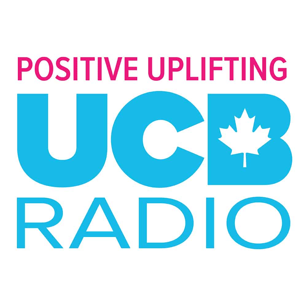 Positive Uplifting UCB Radio Logo in Pink and Blue on White