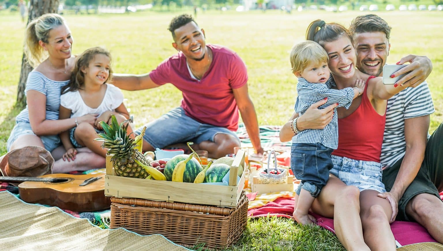 Happy families having a fun picnic in the park on Canada Day.